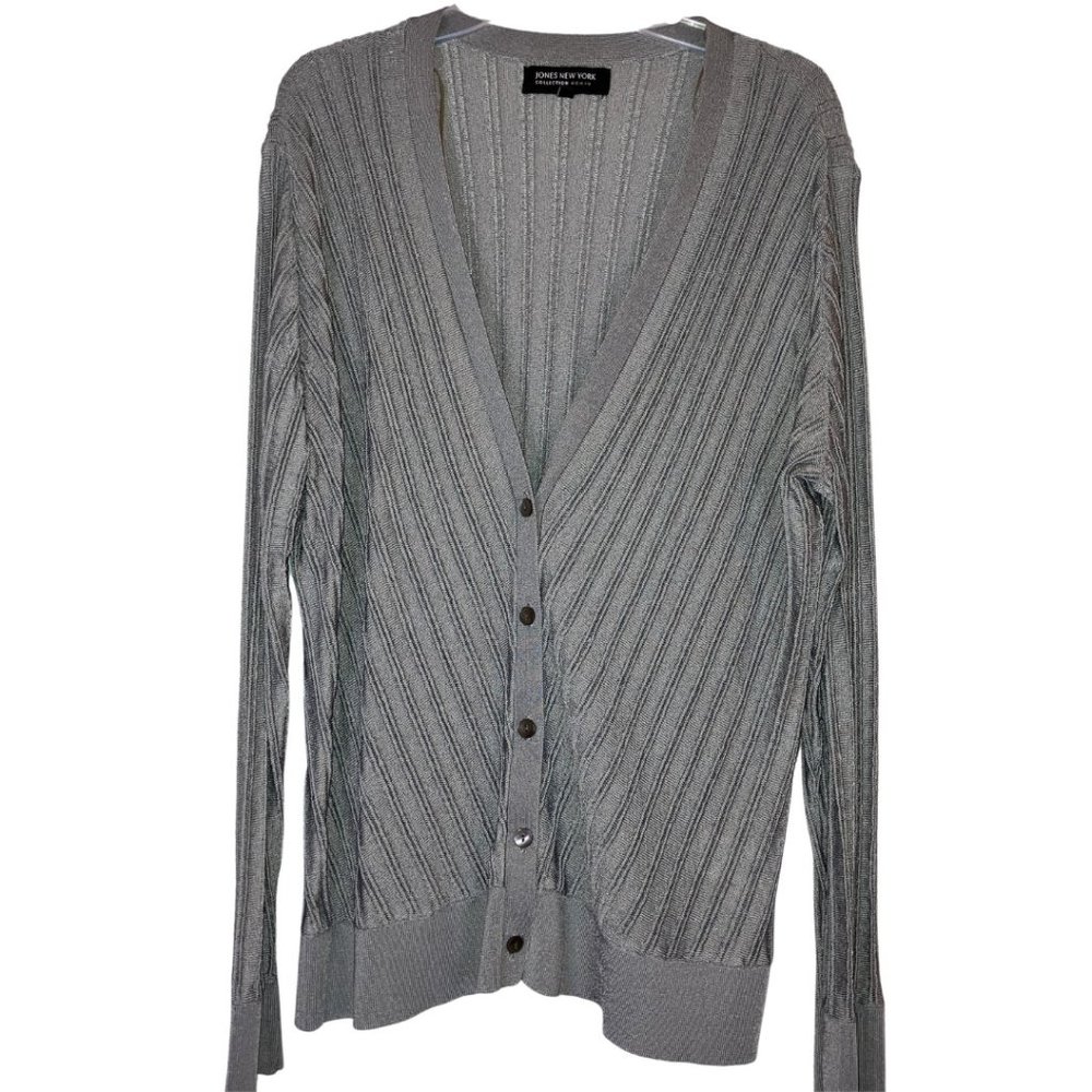 Jones New York Womens Gray Ribbed Cardigan Size OX